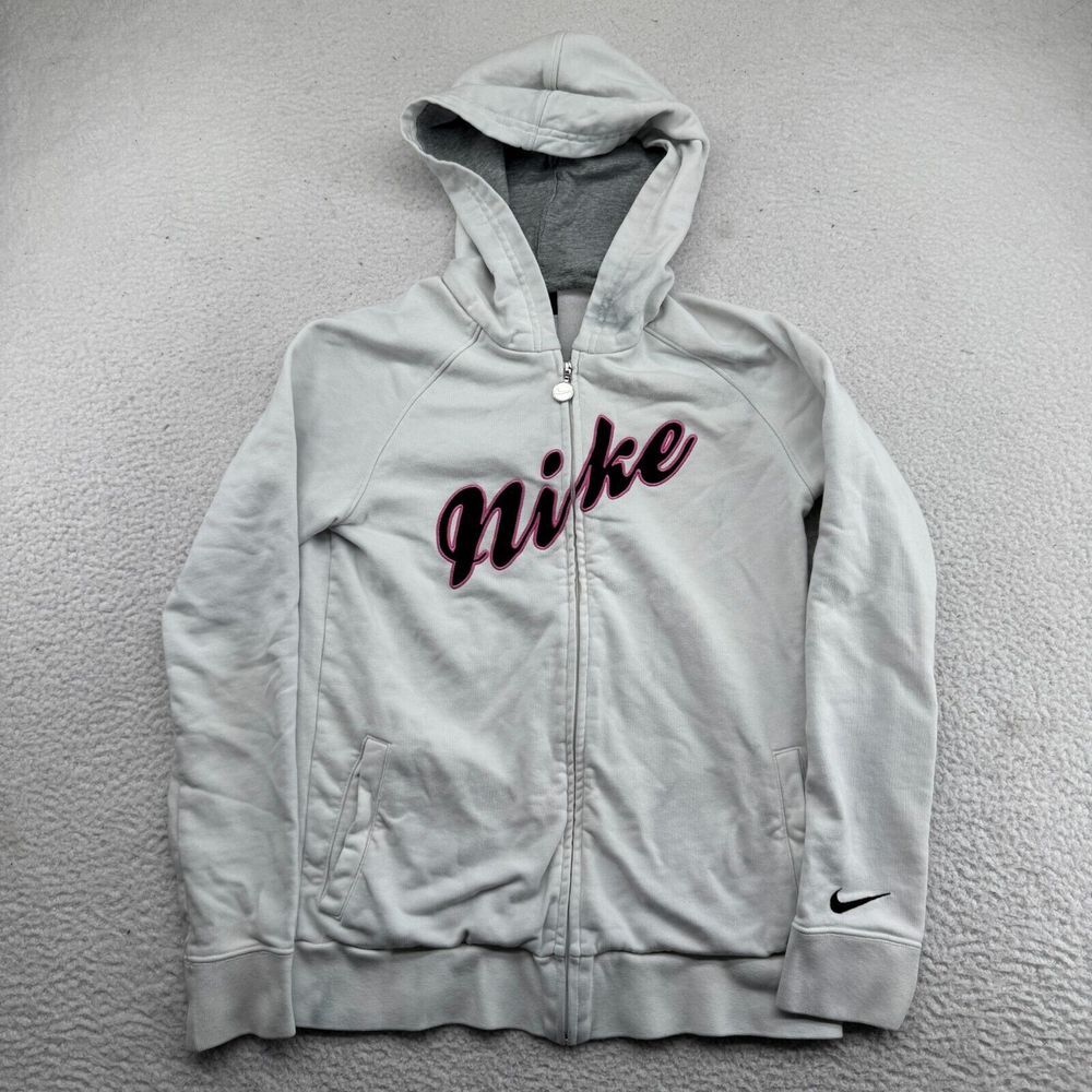 Y2K Nike Jacket Youth Girls XL White Sleeve Swoosh Sweatshirt Zip Hoodie READ